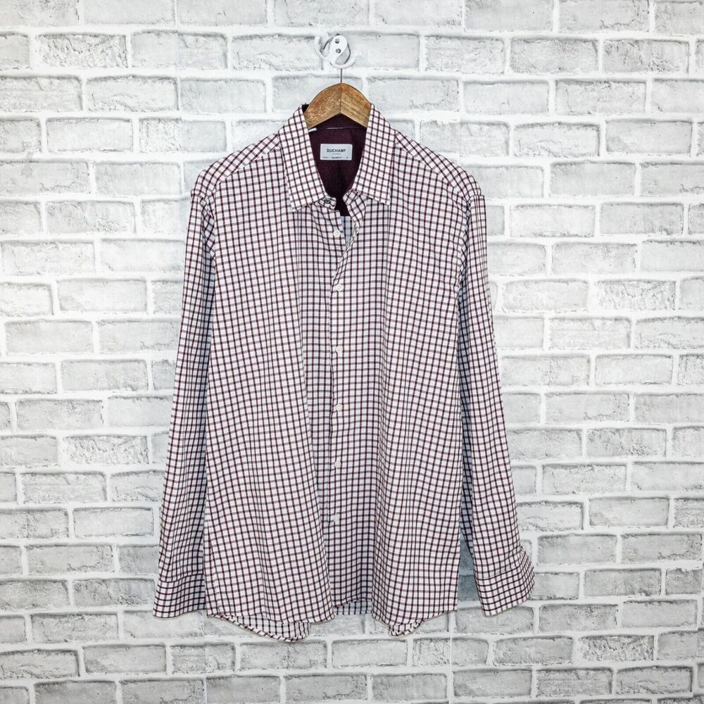 DUCHAMP London Men's Tailored Fit Button up Shirt white burgundy check XL 17 1/2